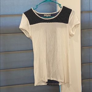 White T-shirt with blue and white polka dots